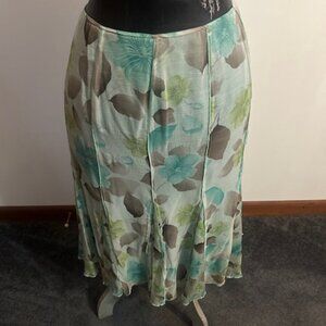 Nine West Aqua/Brown Floral pin tuck pleated bottom silk blend skirt, size 14